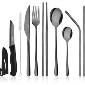 Hecef 11 PCS Portable Silverware Set, Stainless Steel Travel Camping Cutlery Flatware Set with Carrying Case