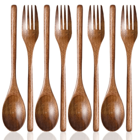 Set of 8, Wood Soup Spoons and Forks, SourceTon Wooden Ladle Spoon and Fork Set for Party, Banquet, Buffet, Catering, Daily Life- 9 Inch