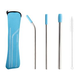 5pcs Set Stainless Steel Straws; Reusable Metal Straws With Silicone Tips; Sturdy Bent Straight Drinks Straw; Food Grade Straw; With 3pcs Straws; 1pc (Color: Blue)